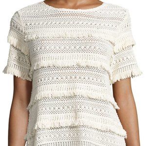JOIE Rafel XS Fringed Crochet Ivory Cotton Top